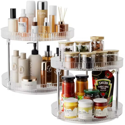 Rotating spice rack holding spice jars on two tiers