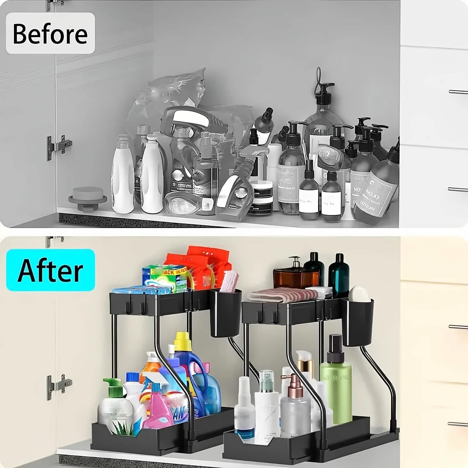 Under sink cabinet organized with cleaning supplies