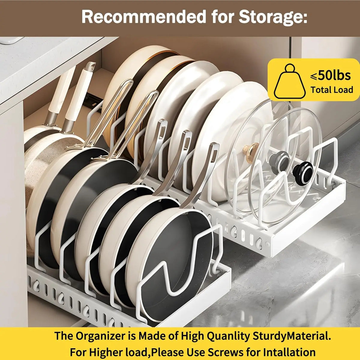 Pull-Out Pots & Pans Organizer – Adjustable Cabinet Storage Rack with Dividers