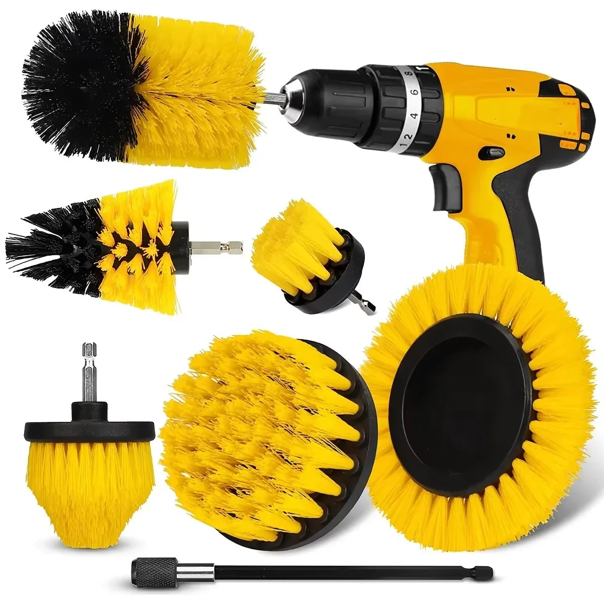 7-Piece Drill Brush Attachment Set – Multi-Purpose Cleaning Brushes with Extension Rod