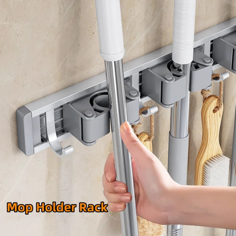 Wall-Mounted Mop & Broom Holder – 5-Hook Cleaning Tool Organizer