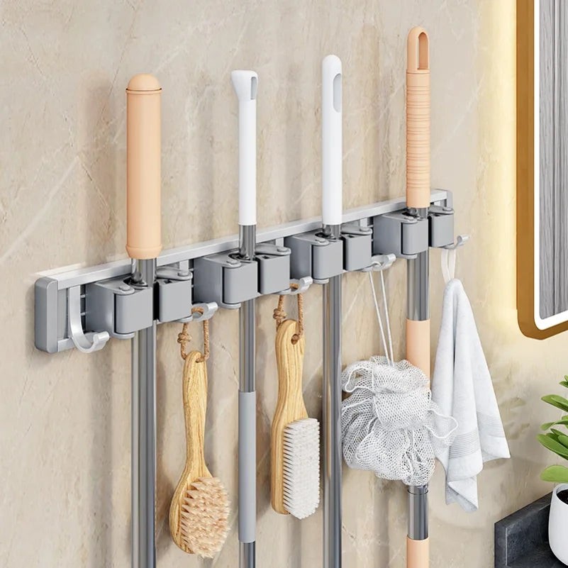 Wall-Mounted Mop & Broom Holder – 5-Hook Cleaning Tool Organizer