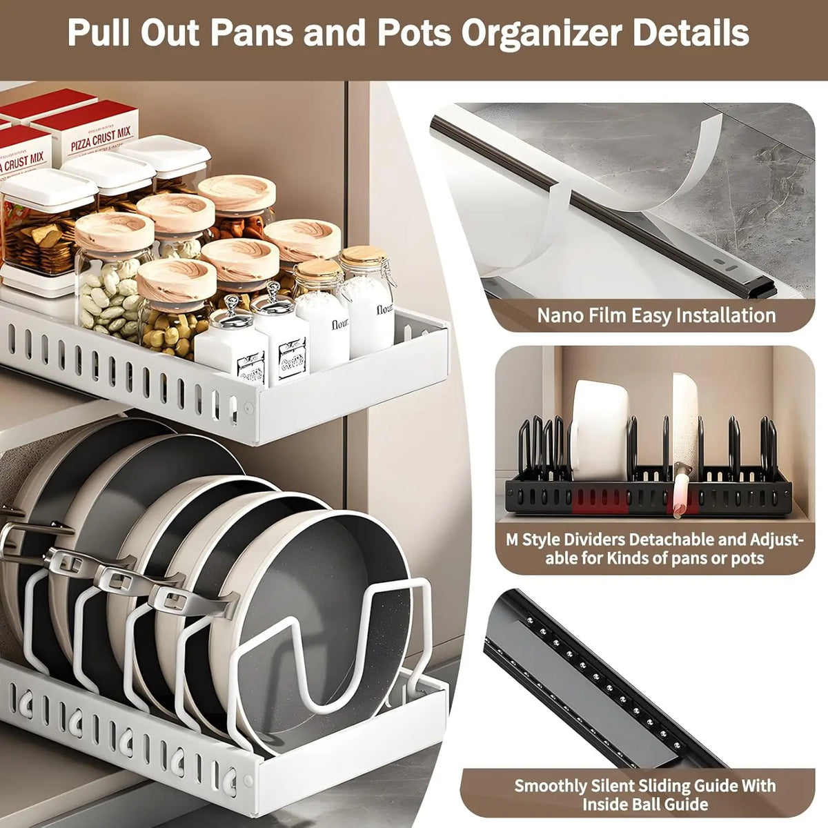 Pull-Out Pots & Pans Organizer – Adjustable Cabinet Storage Rack with Dividers