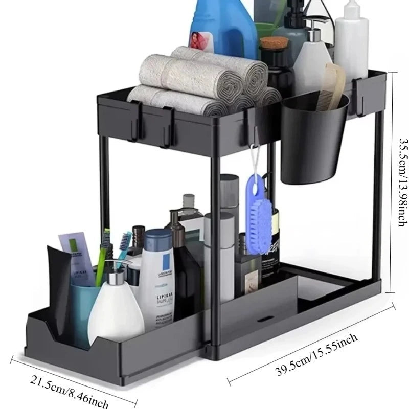 2-Tier Under Sink Organizer – Pull-Out Storage Rack with Hooks