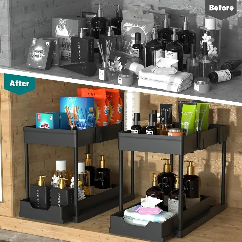 2-Tier Under Sink Organizer – Pull-Out Storage Rack with Hooks