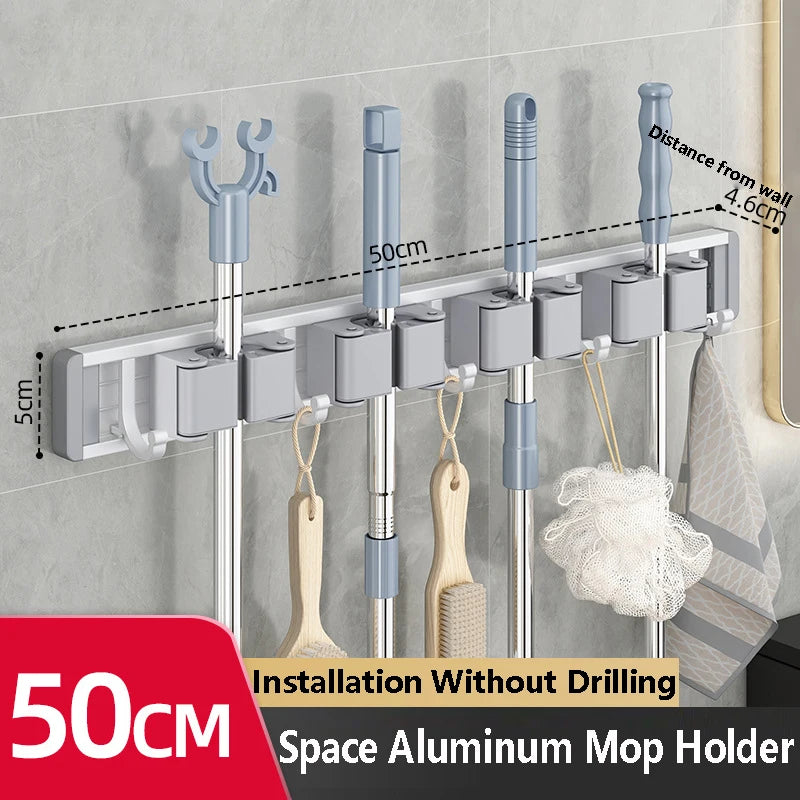Wall-Mounted Mop & Broom Holder – 5-Hook Cleaning Tool Organizer