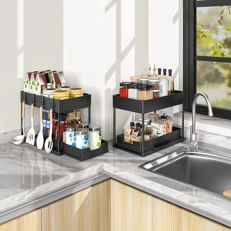 2-Tier Under Sink Organizer – Pull-Out Storage Rack with Hooks