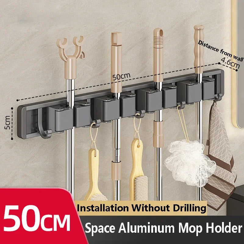 Wall-Mounted Mop & Broom Holder – 5-Hook Cleaning Tool Organizer