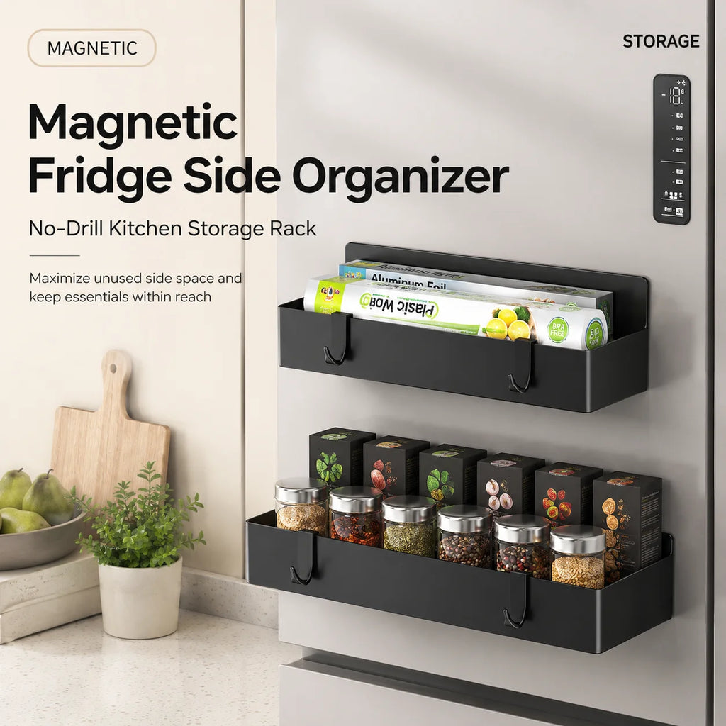 Magnetic Refrigerator Side Storage Rack – No-Drill Spice & Kitchen Organizer