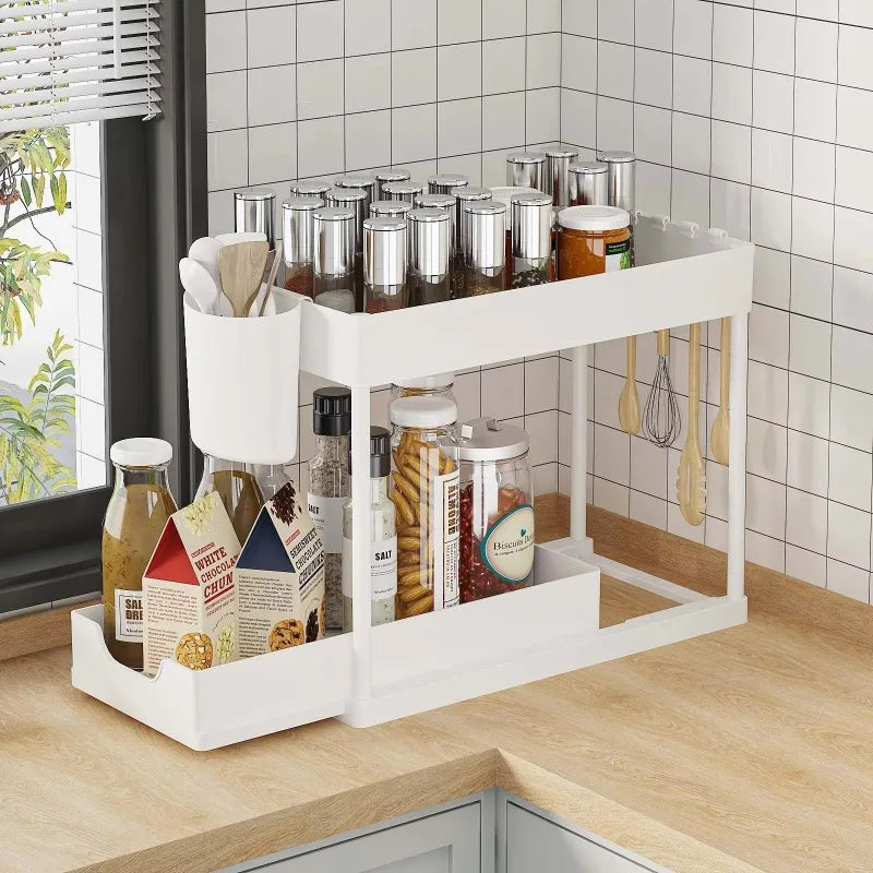 2-Tier Under Sink Organizer – Pull-Out Storage Rack with Hooks
