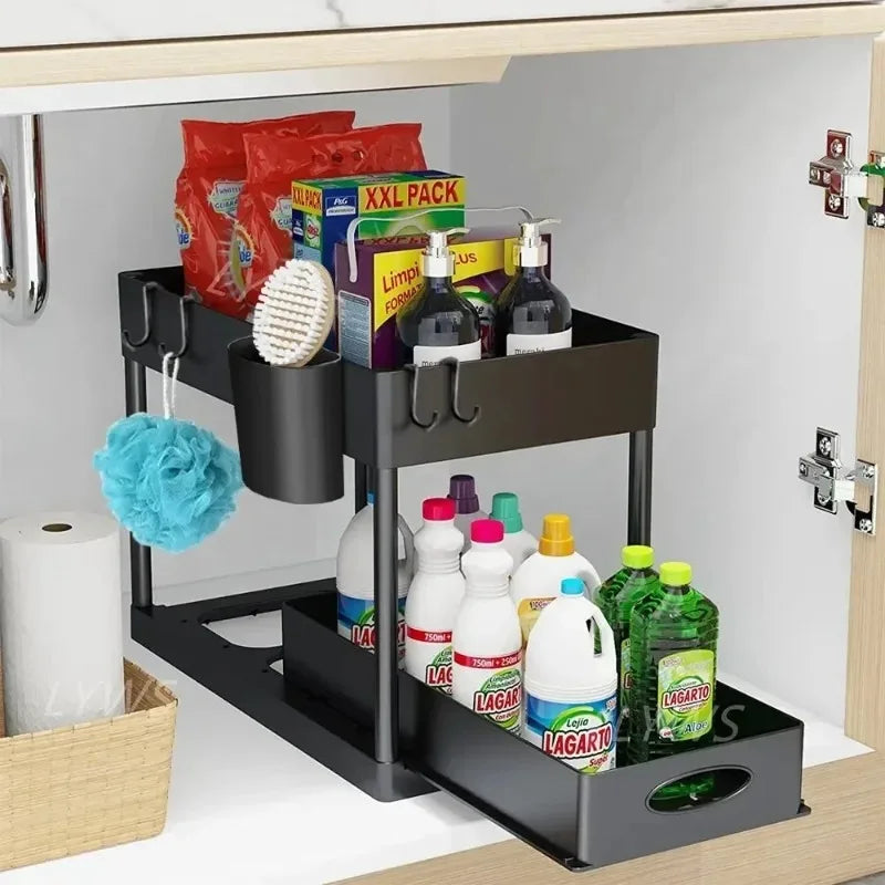 2-Tier Under Sink Organizer – Pull-Out Storage Rack with Hooks
