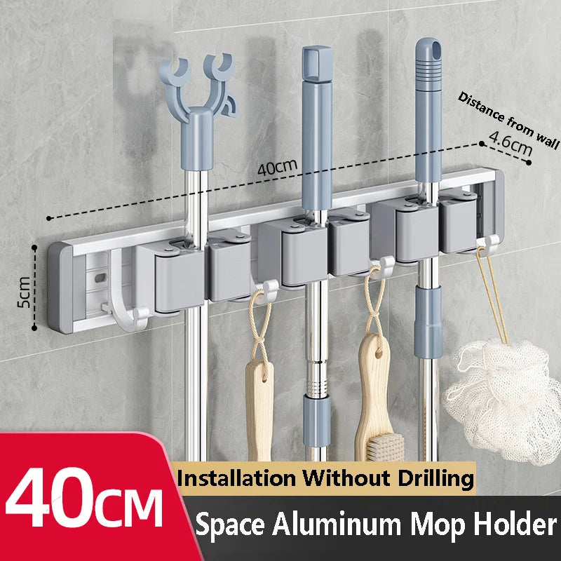 Wall-Mounted Mop & Broom Holder – 5-Hook Cleaning Tool Organizer