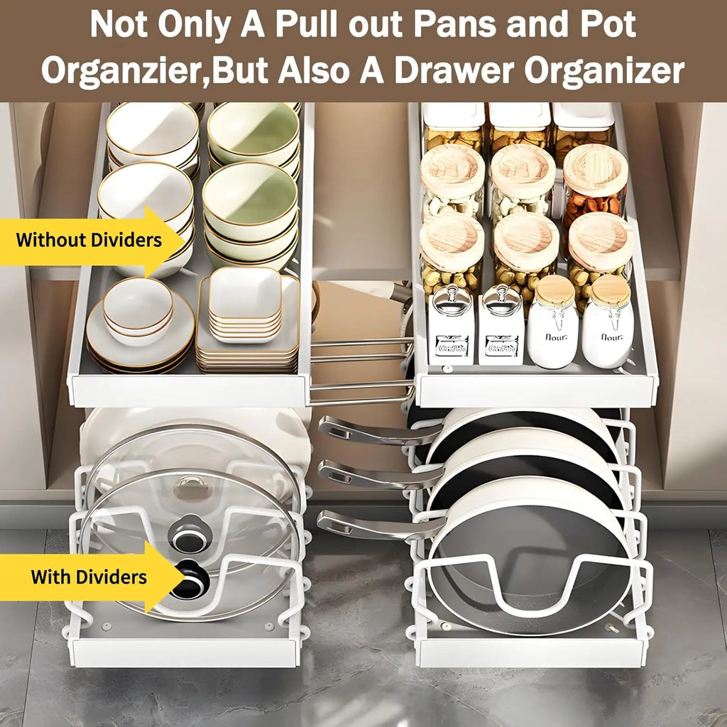Pull-Out Pots & Pans Organizer – Adjustable Cabinet Storage Rack with Dividers