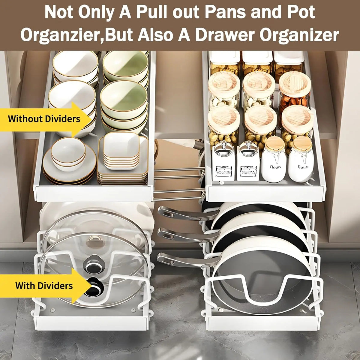 Pull-Out Pots & Pans Organizer – Adjustable Cabinet Storage Rack with Dividers