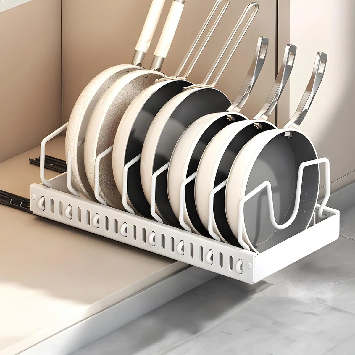 Pull-Out Pots & Pans Organizer – Adjustable Cabinet Storage Rack with Dividers