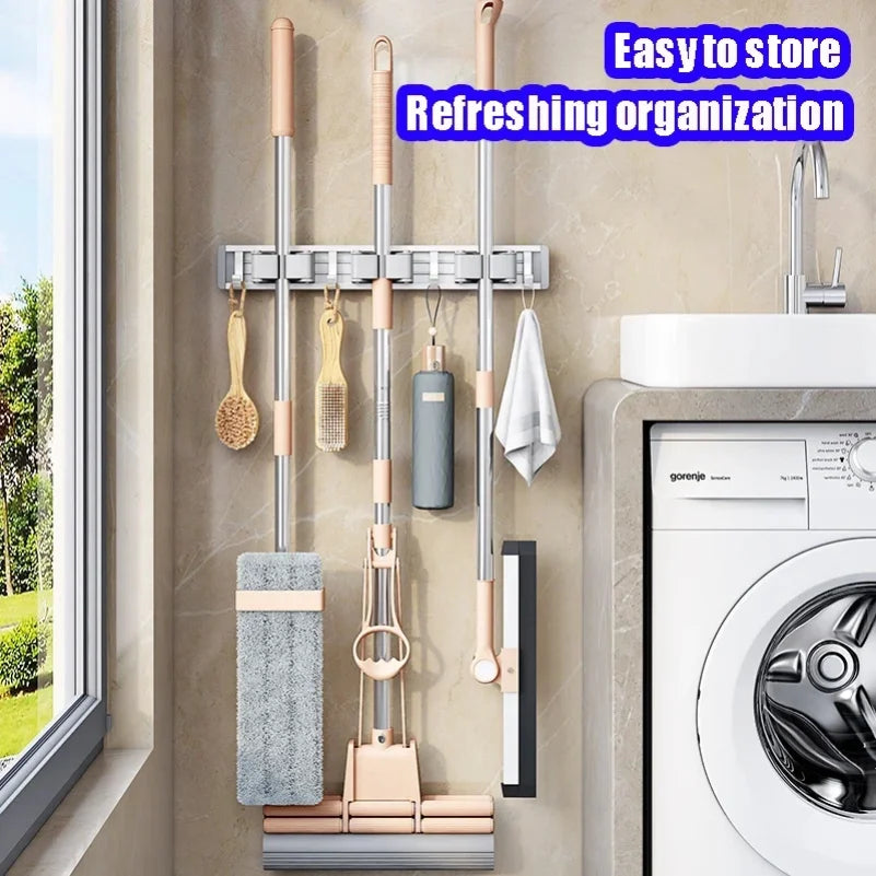 Wall-Mounted Mop & Broom Holder – 5-Hook Cleaning Tool Organizer