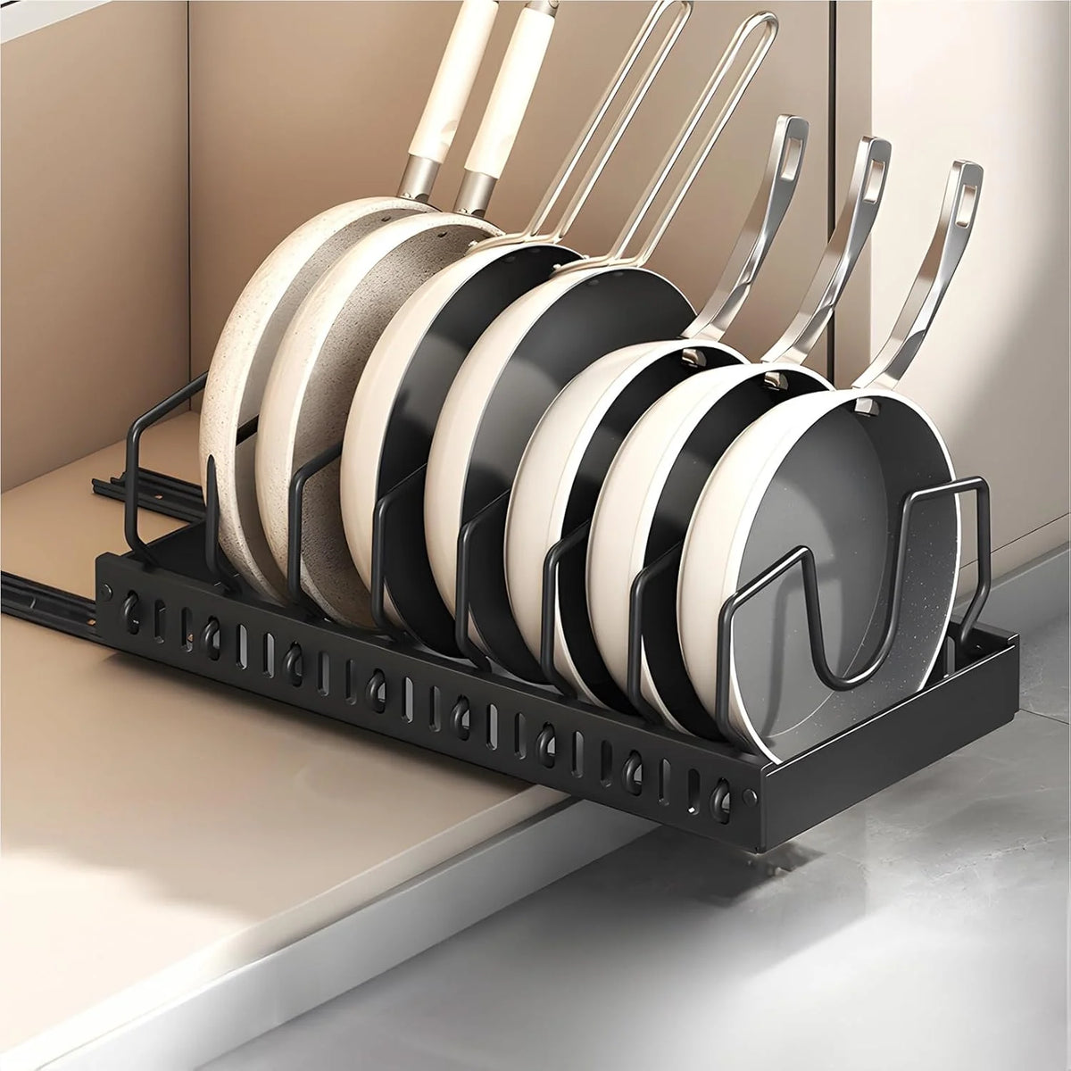 Pull-Out Pots & Pans Organizer – Adjustable Cabinet Storage Rack with Dividers