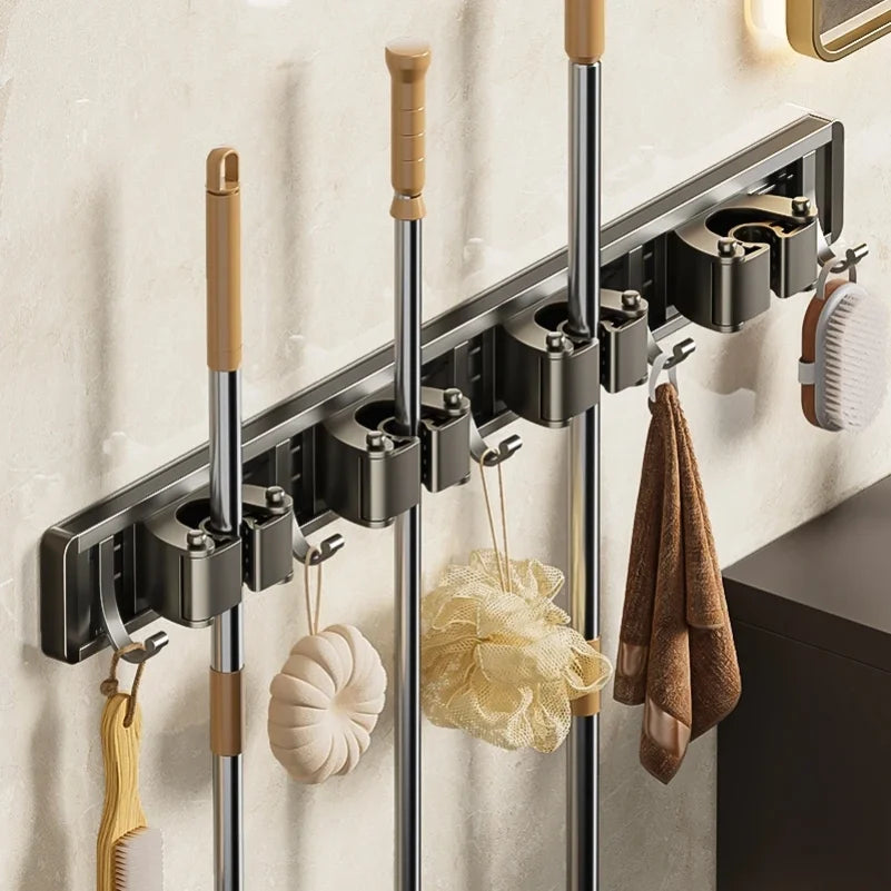 Wall-Mounted Mop & Broom Holder – 5-Hook Cleaning Tool Organizer