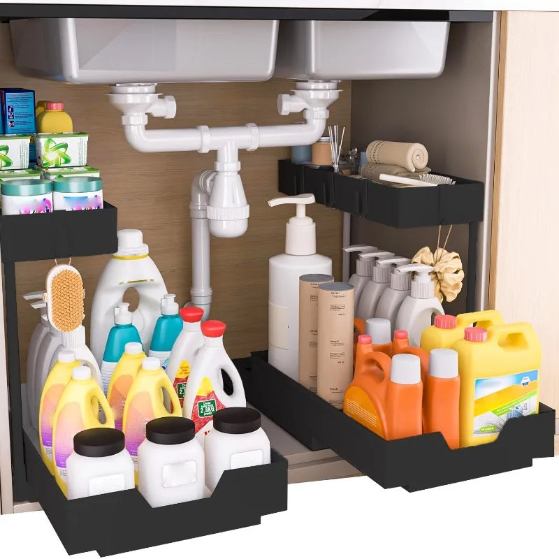 2-Tier Under Sink Organizer – Pull-Out Storage Rack with Hooks