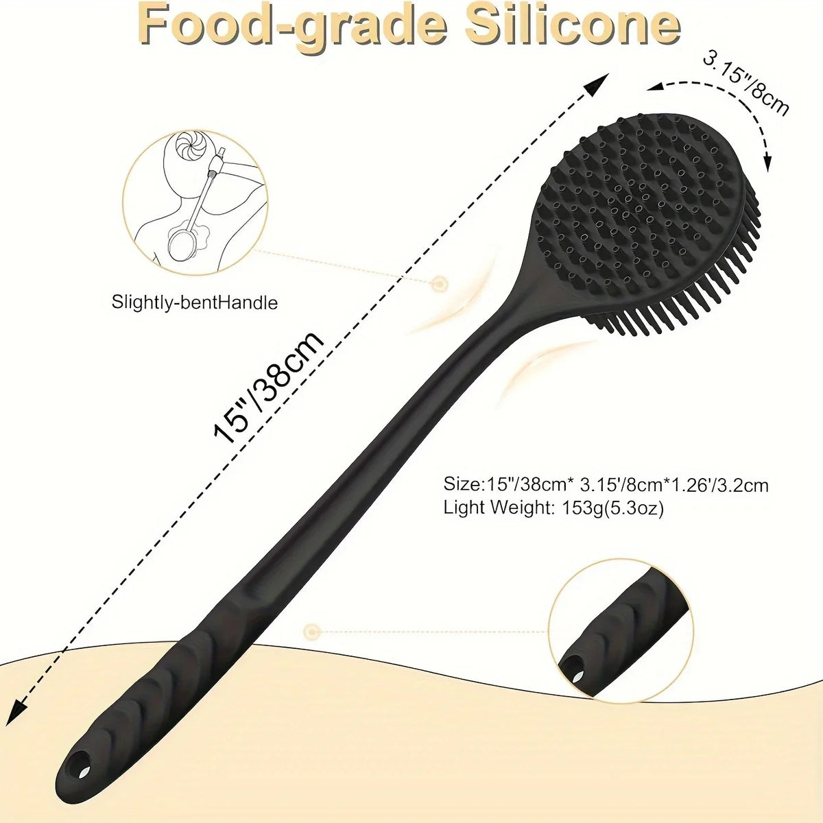 Long-Handle Silicone Back Scrubber – Double-Sided Shower Body Brush