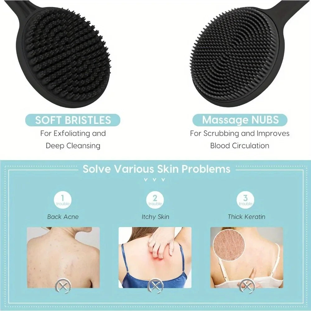 Long-Handle Silicone Back Scrubber – Double-Sided Shower Body Brush