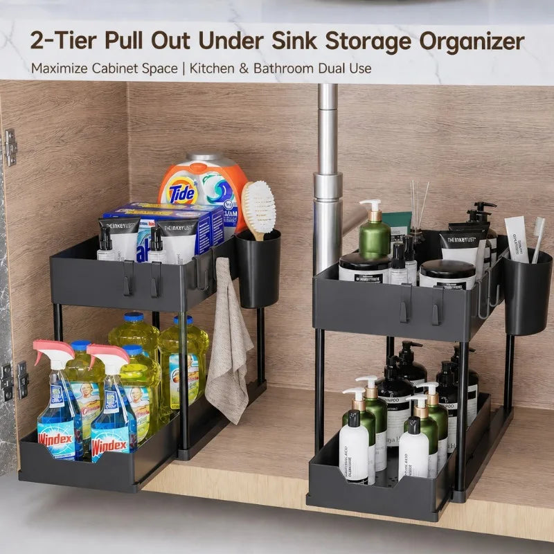 2-Tier Under Sink Organizer – Pull-Out Storage Rack with Hooks