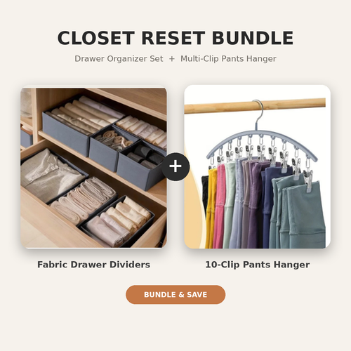 The Closet Reset bundle showing fabric drawer organizers and a multi-clip pants hanger