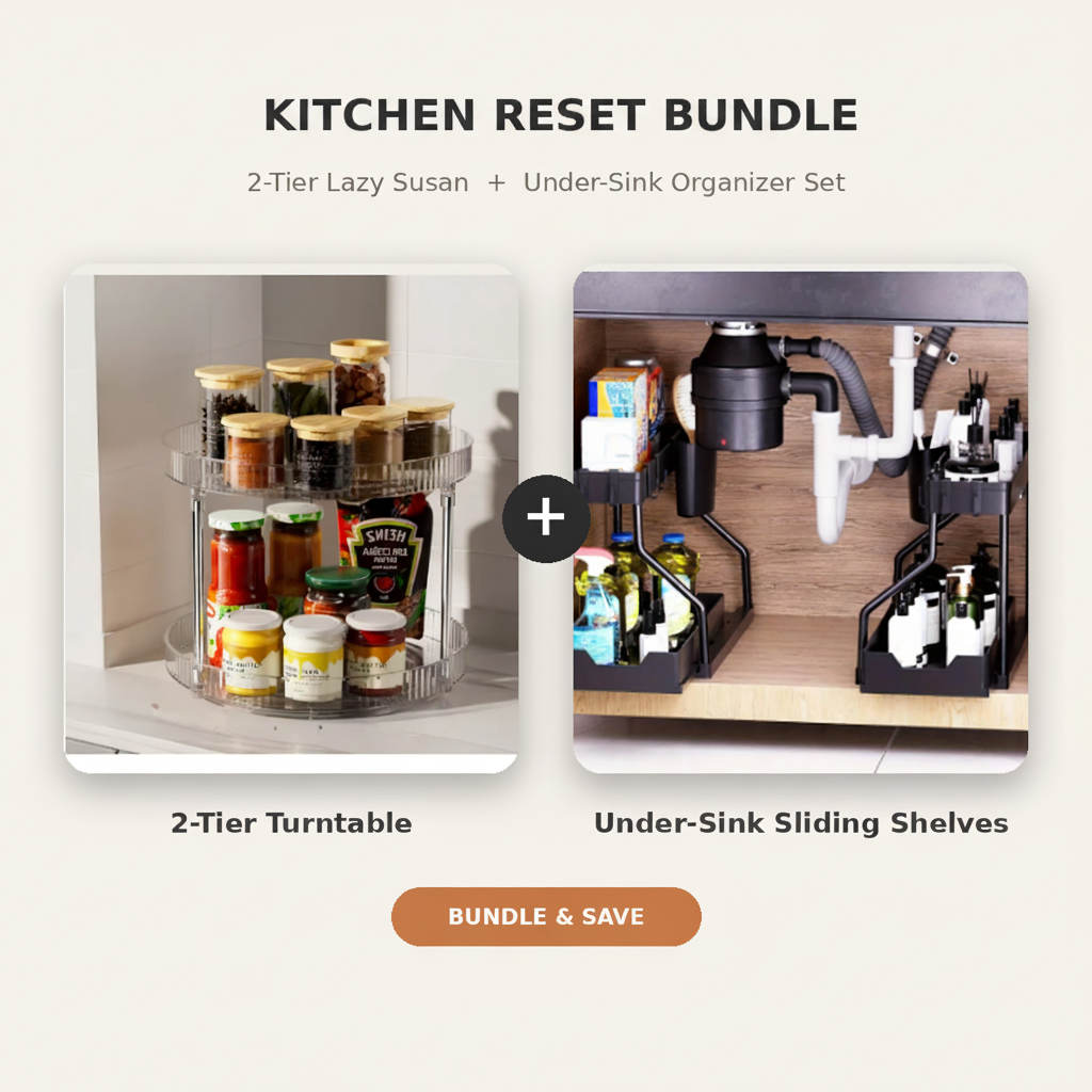 The Kitchen Reset bundle showing a 2-tier turntable and under-sink sliding shelves
